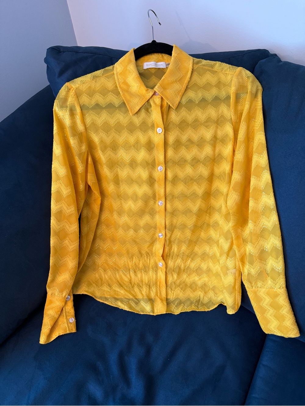 Ramy Brook Mollie Sheer Chevron Button-Front Blouse in Marigold- Sz XS- like new
